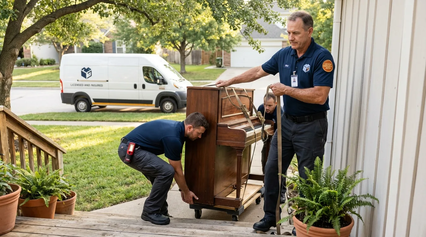 Licensed piano movers securing grand piano in Del Norte, CO