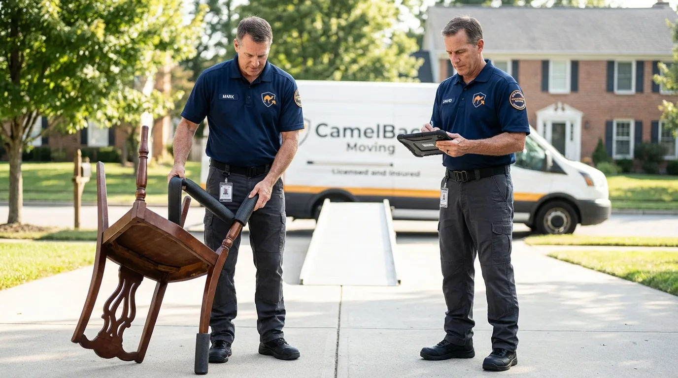 Movers inspecting furniture for damage prevention before loading in Del Norte, CO