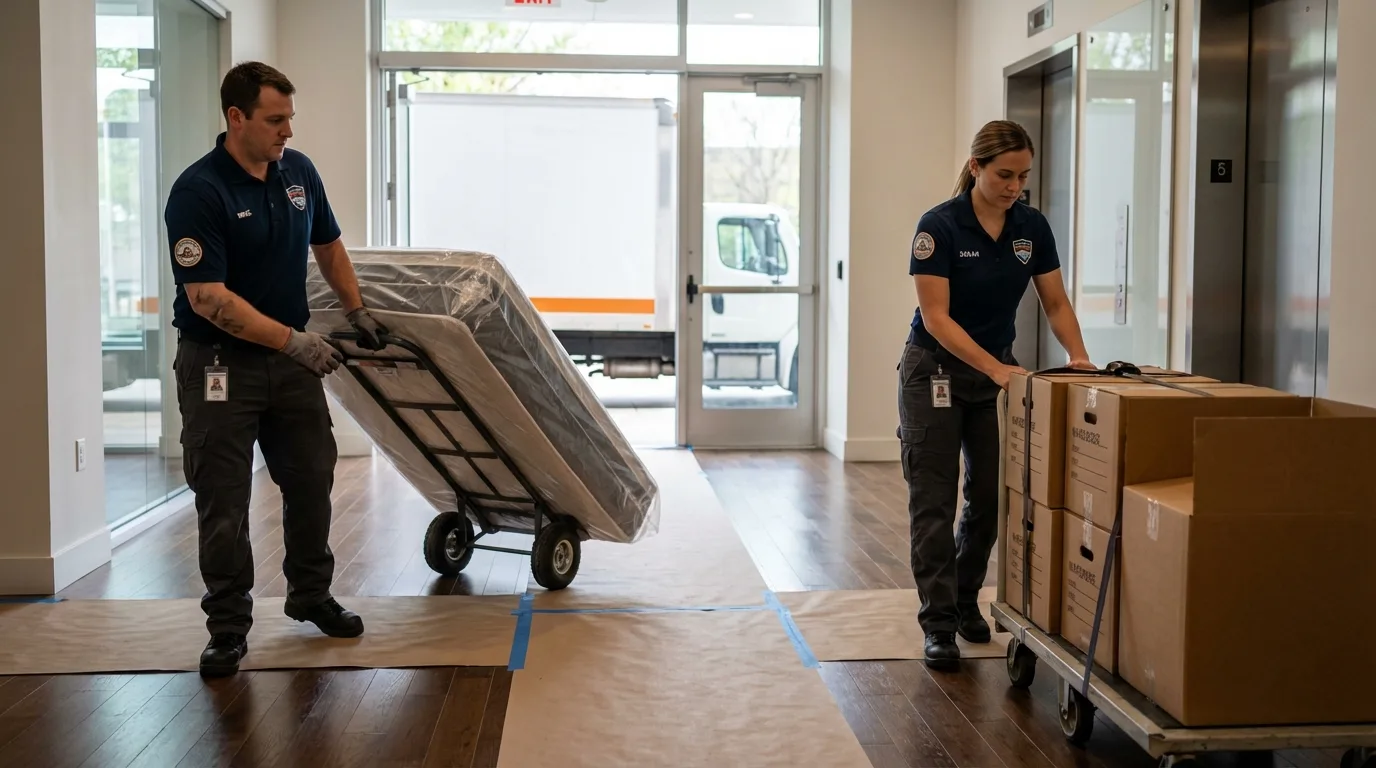 Professional apartment movers loading elevator in Del Norte, CO