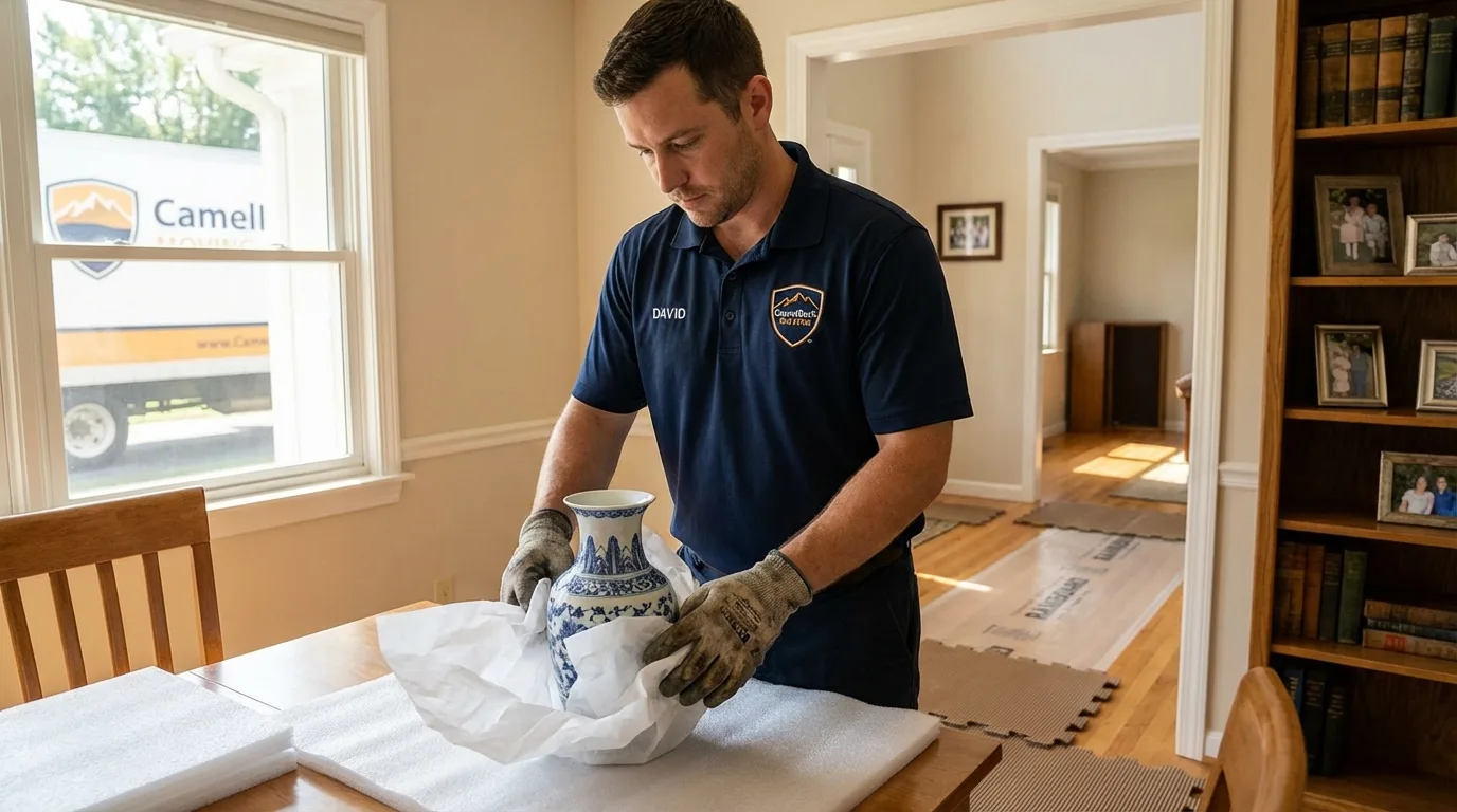 Professional crew carefully wrapping antique vase for senior downsizing move in Del Norte, CO
